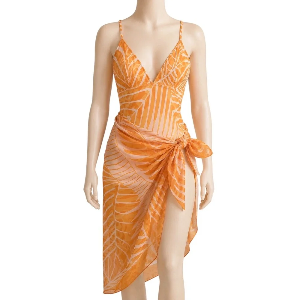 Florentine Swimsuit Set Womens L Orange New Palm Leaf Ruffle One Piece Sarong